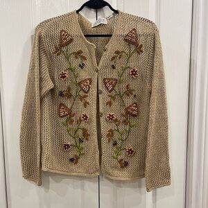 Jantzen Petite Hand-Embroidered Open Knit Floral Cardigan Sweater S